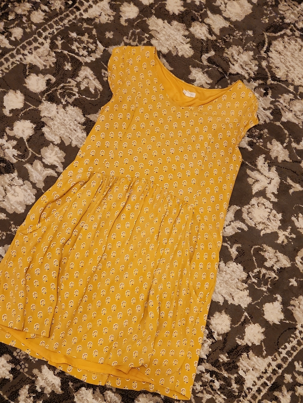 Garnet Hill Mustard Yellow Floral Cap-Sleeve Dress